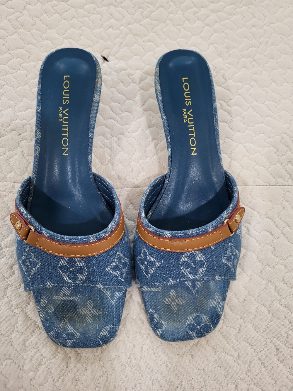 Louis Vuitton Croussant MM Denim Monogram Mules with Tan Leather Trim